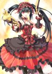  1girl bare_shoulders black_hair boots breasts cleavage clock_eyes date_a_live dress dual_wielding gun hairband heterochromia lolita_fashion lolita_hairband long_hair looking_at_viewer red_eyes rifle smile solo tokisaki_kurumi trianon twintails weapon yellow_eyes 