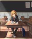  1girl alice_margatroid alternate_costume arm_support bag black_legwear blonde_hair chair classroom doodle hairband highres jacket looking_at_viewer pantyhose pen school_desk school_uniform sitting smile solo touhou wenhe yellow_eyes 