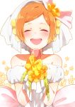  1girl ^_^ bare_shoulders blush closed_eyes dress earrings flower gloves happy highres hoshizora_rin jewelry love_live!_school_idol_project mgmgkyun open_mouth orange_hair short_hair smile solo veil white_background white_dress white_gloves 