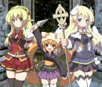  3girls blonde_hair blue_eyes blush bow brown_eyes chikyuujin_a elf green_eyes hat knife long_hair looking_at_viewer multiple_girls open_mouth orange_hair outdoors pointy_ears ribbon-trimmed_legwear ribbon_trim smile staff standing thigh-highs twintails uniform weapon 