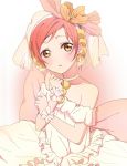  1girl blush brown_eyes choker dress earrings hair_bobbles hair_ornament hairband hoshizora_rin jewelry love_live!_school_idol_project pom_pom_(clothes) redhead satoimo_chika short_hair solo white_dress wrist_cuffs 