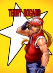  1boy absurdres baseball_cap blonde_hair blue_eyes character_name dated fatal_fury fingerless_gloves gloves hat highres king_of_fighters kumsmkii long_hair muscle ponytail signature sleeveless solo terry_bogard vest 