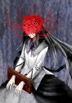  1girl akemi_homura black_hair closed_mouth dress flower highres homulilly long_hair magical_girl mahou_shoujo_madoka_magica mahou_shoujo_madoka_magica_movie menka ribbon solo spider_lily spoilers stocks witch_(madoka_magica) 
