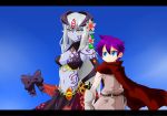  1boy 1girl alisfieze_fateburn_xvi bangs bare_shoulders belt blue_eyes breasts cape cleavage commentary_request flower gloves hair_flower hair_ornament highres lamia long_hair luka_(mon-musu_quest!) mon-musu_quest! monster_girl navel parody purple_hair red_cape ribbon serious short_hair silver_hair sky style_parody style_request tail tail_bow tattoo tattooed_breast yellow_eyes 