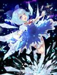  1girl :d blue_eyes blue_hair bow cirno dress hair_bow highres ice ice_wings jubi kneehighs mary_janes open_mouth ribbon shoes short_hair smile solo touhou wings 