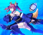  1girl animal_ears bare_shoulders bow breasts caster_(fate/extra) detached_sleeves fate/extra fate_(series) fox_ears fox_tail hair_bow hair_ribbon japanese_clothes muton486 pink_eyes pink_hair ribbon solo suiten_nikkou_amaterasu_yanoshisu_ishi tail thigh-highs twintails 