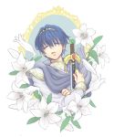  blue_eyes blue_hair cape fire_emblem flower gloves lily_(flower) marth minnnaorenoyome sword tiara weapon 