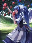 1girl alternate_hairstyle apple blue_hair blush dappled_sunlight food fruit highres hinanawi_tenshi ibuki_notsu long_hair long_skirt looking_at_viewer mountain pink_eyes ponytail puffy_sleeves shirt short_sleeves skirt solo touhou tree very_long_hair vest