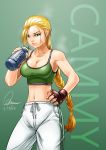  1girl absurdres alternate_costume antenna_hair blonde_hair blue_eyes bottle breasts cammy_white character_name cleavage dated fingerless_gloves gloves hand_on_hip highres hot kumsmkii lips long_hair midriff navel nose scar signature solo sports_bra street_fighter sweat sweating track_pants water_bottle 