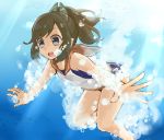 1girl air_bubble bare_shoulders barefoot blush breath brown_eyes brown_hair freediving holding_breath i-401_(kantai_collection) kantai_collection one-piece_swimsuit open_mouth pinatti ponytail sailor_collar school_swimsuit school_uniform short_hair short_ponytail solo swimming swimsuit tan underwater 