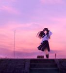  1girl bag black_hair brown_eyes clouds kazuharu_kina long_hair original scenery skirt sky solo stairs sunset wind 