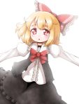  1girl backlighting blonde_hair bow hair_bow highres juliet_sleeves long_sleeves open_mouth outstretched_arms puffy_sleeves red_eyes roco_(katsuya1011) rumia shirt skirt skirt_set solo touhou vest 