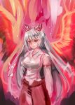  1girl bow breasts fiery_wings fujiwara_no_mokou hair_bow hair_ribbon highres hime_cut large_breasts long_hair nyuu_(manekin-eko) pants red_eyes ribbon solo touhou 