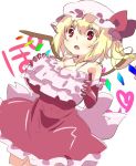  1girl alternate_breast_size alternate_costume blonde_hair blush bow breast_hold breasts cl_(h-sys.) colored crystal dress fang flandre_scarlet frilled_dress frills gloves hat hat_bow huge_breasts mob_cap open_mouth ponytail red_dress red_eyes red_gloves side_ponytail simple_background sketch sleeveless solo text touhou white_background wings 