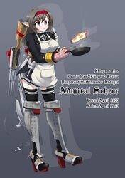  1girl admiral_scheer apron bacon blue_eyes breakfast breasts character_name cooking food fried_egg frying_pan greaves grey_hair gun hairband iron_cross kriegsmarine military military_uniform ogitsune_(ankakecya-han) open_mouth original oven_mitts personification pointy_ears skirt solo thighhighs uniform weapon zettai_ryouiki 