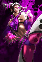  1girl black_hair bracelet breasts ds_(ds310) fingerless_gloves gloves glowing glowing_eye han_juri jewelry nail_polish short_twintails sideboob solo spiked_bracelet spikes standing_on_one_leg street_fighter twintails violet_eyes 