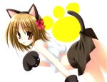  1girl absurdres animal_ears bare_shoulders bent_over black_skirt brown_eyes brown_hair cat_ears cat_paws cat_tail fake_animal_ears gloves hair_ribbon highres kuzaki_rinko looking_back matra_milan midriff omamori_himari open_mouth paw_gloves paws ribbon scan shirt short_hair simple_background skirt solo tail thighs white_background white_shirt 