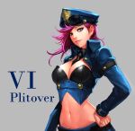  1girl absurdres blue_eyes breasts character_name cherrylich cleavage earrings hand_on_hip hat highres jacket jewelry league_of_legends long_sleeves midriff navel pink_hair police police_hat police_uniform policewoman smile solo sunglasses uniform vi_(league_of_legends) 