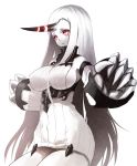  1girl aksman breasts claws detached_sleeves horn kantai_collection long_hair pale_skin red_eyes ribbed_dress seaport_hime shinkaisei-kan sideboob simple_background solo white_background white_hair 