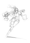  1girl breasts ear_protection highres huge_weapon long_hair monochrome muju ponytail robin_(the_iconoclasts) running sketch solo the_iconoclasts weapon wrench 