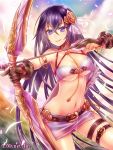  1girl angelmaster bow_(weapon) breasts long_hair navel neme official_art purple_hair smile solo thighhighs underboob violet_eyes weapon 