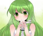  1girl :&lt; bare_shoulders blush bust commentary_request cup frog green_eyes green_hair hair_ornament hammer_(sunset_beach) kochiya_sanae long_hair multicolored_eyes snake_hair_ornament solo sparkle touhou 