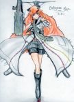  1girl aircraft_carrier ascot belt blue_eyes boots breasts character_name colored_pencil_(medium) flight_deck gloves kantai_collection long_coat long_hair mecha_musume orange_hair original personification sash shorts signature smile solo traditional_media us_navy uss_enterprise_(cvn-65) very_long_hair 