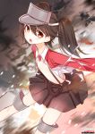  1girl blush brown_eyes brown_hair flat_chest hat kantai_collection long_hair looking_at_viewer magatama open_mouth personification ryuujou_(kantai_collection) skirt solo torn_clothes twintails visor_cap yadapot 