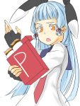  1girl blue_hair blush commentary gloves hair_ribbon highres kamo_(yokaze) kantai_collection long_hair murakumo_(kantai_collection) orange_eyes personification pocky red_eyes ribbon school_uniform serafuku solo white_background 