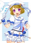  1girl bloomers blush brown_hair flag gloves hat koizumi_hanayo looking_at_viewer love_live!_school_idol_project open_mouth sailor shirt short_hair short_sleeves skirt smile solo underwear violet_eyes white_gloves white_shirt white_skirt yayoi_(egoistic_realism) 