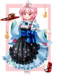  1girl adapted_costume apron arm_garter blue_dress blush_stickers bowl breasts dress holding leg_up long_sleeves looking_at_viewer nagare open_mouth pink_hair red_eyes saigyouji_yuyuko sash short_hair simple_background solo tagme touhou tray triangular_headpiece white_legwear 