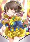  1girl ;) brown_eyes brown_hair epaulettes frilled_skirt frills glowstick hair_ribbon hisami_nanami idol index_finger_raised layered_skirt long_hair long_sleeves looking_at_viewer neck_ribbon one_eye_closed ponytail ribbon skirt smile solo standing star touboku wake_up_girls! wink 