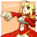  1girl ahoge blonde_hair breasts cleavage dress fate/extra fate_(series) green_eyes outstretched_hand ruchi saber_extra solo 