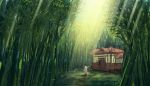  1girl architecture bamboo bamboo_forest chenyin east_asian_architecture eientei forest from_behind fujiwara_no_mokou grass highres long_hair long_sleeves nature outdoors pointing scenery sunbeam sunlight touhou very_long_hair white_hair 