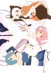  3girls blue_eyes blue_hair bow cape gloves goddess_madoka hair_bow hat kaname_madoka lieass long_hair lying magical_girl mahou_shoujo_madoka_magica mahou_shoujo_madoka_magica_movie midriff miki_sayaka momoe_nagisa multiple_girls pantyhose pink_hair polka_dot polka_dot_legwear short_hair smile soul_gem spoilers thighhighs two_side_up white_hair yellow_eyes zettai_ryouiki 