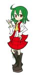  1girl ahoge ascot boots green_hair hand_on_hip kazami_yuuka parody plaid plaid_skirt plaid_vest puyopuyo puyopuyo_fever red_eyes short_hair skirt smile solo standing style_parody touhou white_background 