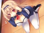  1girl 2-g blonde_hair breasts dutch_angle game_cg kneeling long_hair mimura_sumire pantyhose red_eyes solo zettai_ryouiki_sex_royale!! 