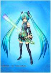  1girl aqua_eyes aqua_hair boots character_name copyright_name detached_sleeves energy_sword hatsune_miku headphones highres long_hair makun_dx musical_note necktie number skirt solo sword thigh_boots thighhighs twintails vocaloid weapon zettai_ryouiki 
