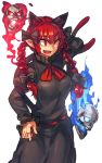 1girl :3 animal_ears belt blue_fire bow braid cat_ears cat_tail dress fang fire flaming_skull hair_bow hand_behind_head kaenbyou_rin long_hair multiple_tails open_mouth pointy_ears red_eyes red_fire redhead ribbon skull solo tail temmasa22 touhou twin_braids 