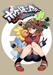  1girl bandana bike_shorts blue_eyes blush breasts brown_hair gloves haruka_(pokemon) hat highres mudkip pokemon pokemon_(creature) pokemon_(game) pokemon_oras pokemon_rse short_hair smile takanashi_ringo torchic treecko 