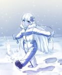  1girl blue_eyes blue_skin blush hair_ornament jumpsuit long_hair mittens monorus monster_girl monster_girl_encyclopedia outstretched_arms snow snowflake_hair_ornament snowing solo white_hair yuki_onna yuki_onna_(monster_girl_encyclopedia) 
