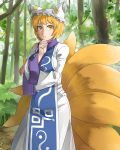  1girl animal_ears blonde_hair dress forest fox_ears fox_tail grimay hand_on_own_face hat multiple_tails nature short_hair solo tail touhou yakumo_ran yellow_eyes 