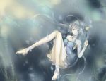  1girl air_bubble barefoot blue_hair bubble head_fins highres knees_together_feet_apart long_hair mio_(mio84214) personification pokemon skirt smile solo underwater vaporeon violet_eyes 