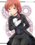  1girl blush bowtie gloves looking_at_viewer love_live!_school_idol_project marimo_danshaku nishikino_maki ponytail redhead short_hair smile solo tuxedo violet_eyes 