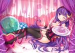  1girl :p alternate_costume black_legwear black_panties blush breasts choker crescent_hair_ornament food garter_straps grandia_(artist) hair_ornament hairband large_breasts long_hair looking_at_viewer one_eye_closed panties patchouli_knowledge petals plate purple_hair ribbon solo spoon thighhighs tongue touhou underwear violet_eyes wink 