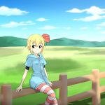  1girl alternate_costume blonde_hair blue_sky cato_(monocatienus) clouds fence hair_ribbon hooded_track_jacket looking_at_viewer meadow mountain outdoors pantyhose red_eyes ribbon rumia shadow short_hair sitting sky smile solo striped striped_legwear touhou 
