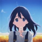  1girl absurdres alternate_hairstyle black_hair blue_eyes blush highres kitashirakawa_tamako long_hair mole mole_on_neck official_art scan school_uniform smile solo tamako_market 