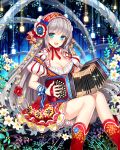  1girl accordion blue_eyes blush boots breasts cleavage dress flower grey_hair headband instrument long_hair looking_at_viewer musical_instrument nardack open_mouth original puffy_sleeves short_sleeves sitting smile solo 