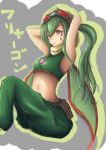  belt between_breasts character_name crop_top flygon gem goggles goggles_on_head green_hair hood jewelry midriff navel necklace open_mouth pants pendant personification pokemon pokemon_(game) pokemon_rse ponytail red_eyes taketiyi tattoo wings 