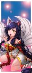  1girl :p ahri animal_ears black_hair blush boots braid detached_sleeves dress facial_mark fox_ears fox_tail highres japanese_clothes league_of_legends long_hair long_sleeves multiple_tails one_eye_closed open_mouth single_braid sitting smile solo ssalbaram tail tongue wink yellow_eyes 